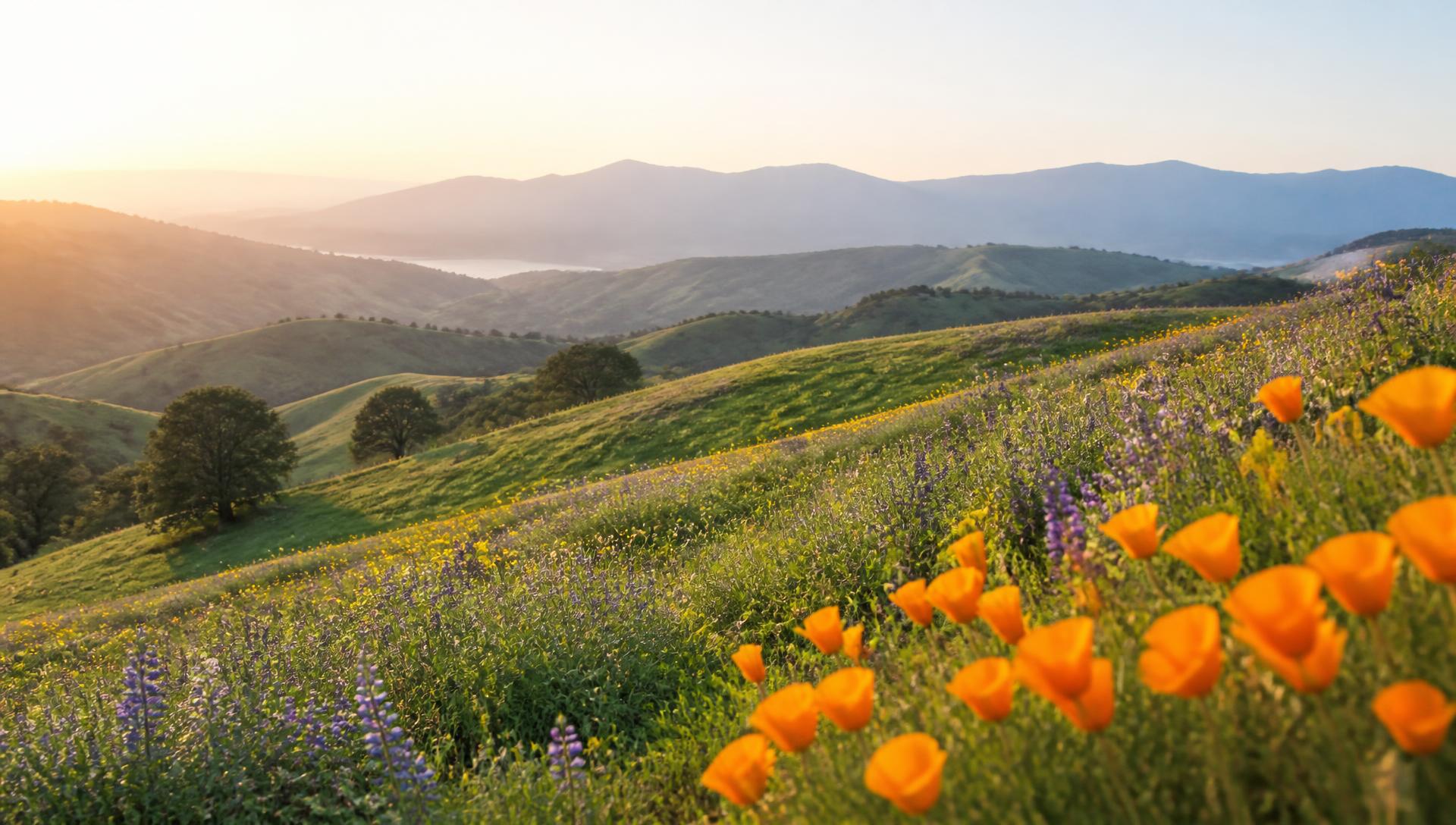 A California wildflower meadow of poppies and lupine rolling toward distant blue mountains at sunrise