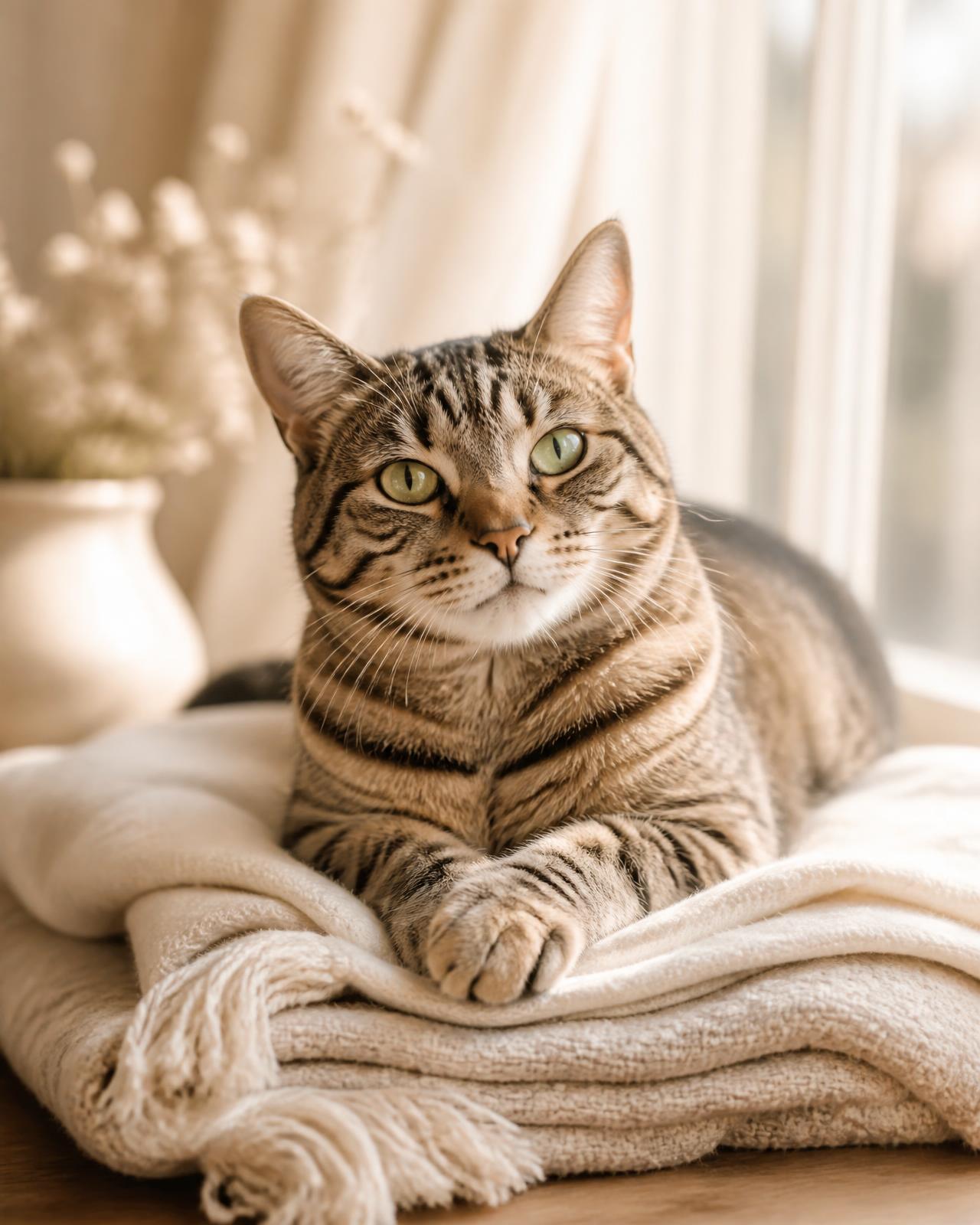 A content tabby cat lounging on a folded cream linen blanket in soft window light
