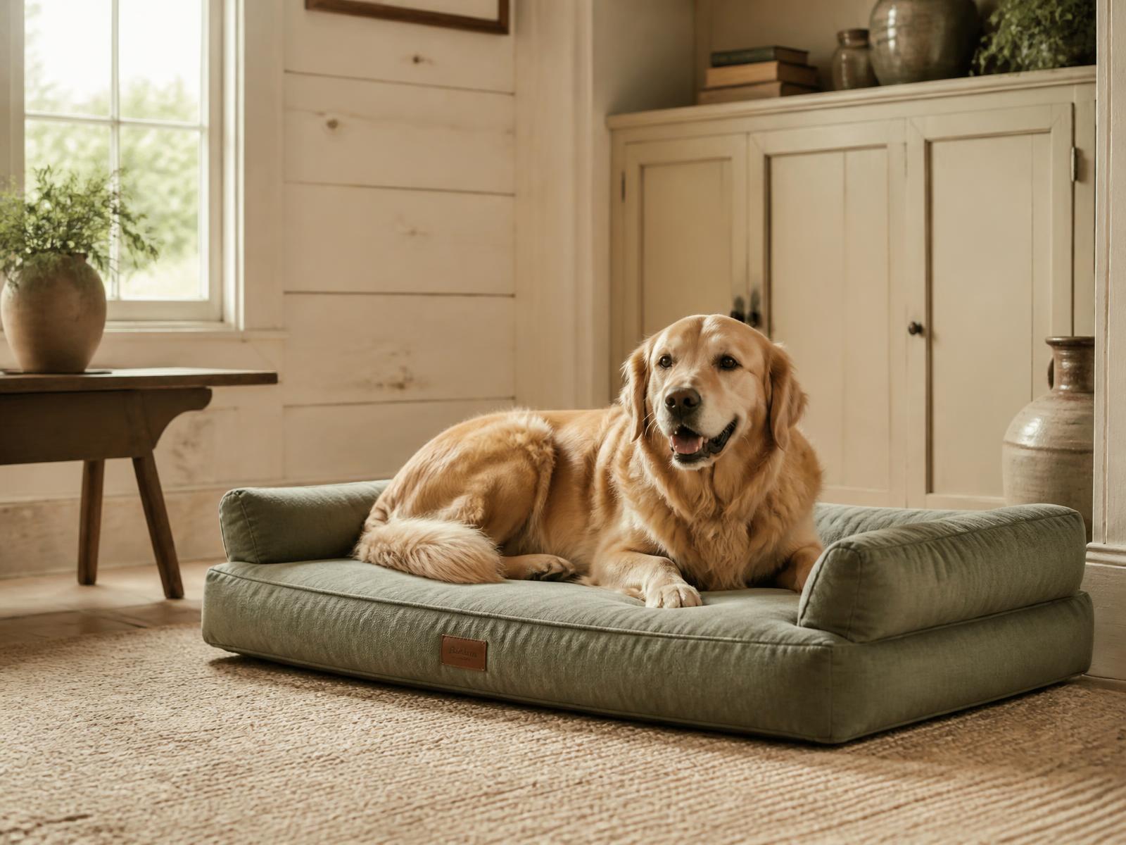 A happy golden retriever resting on a padded bed in a warm, quiet farmhouse room
