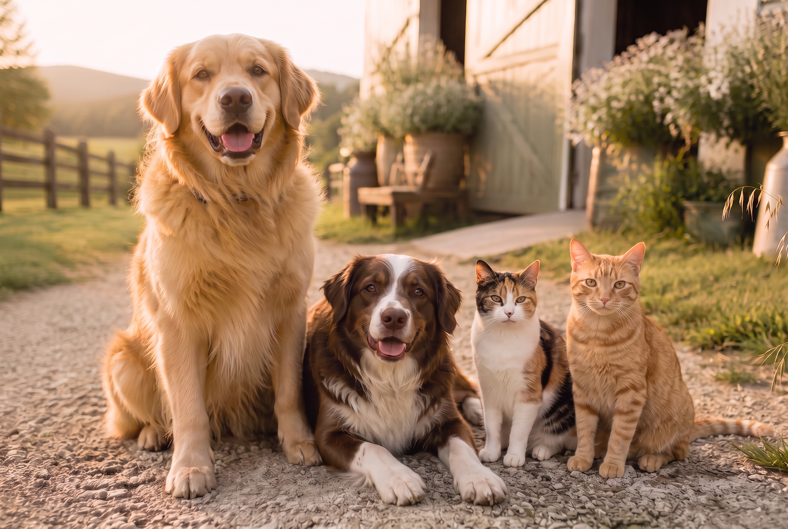 Two happy dogs and two relaxed cats together on a gravel path outside a farmhouse barn at golden hour