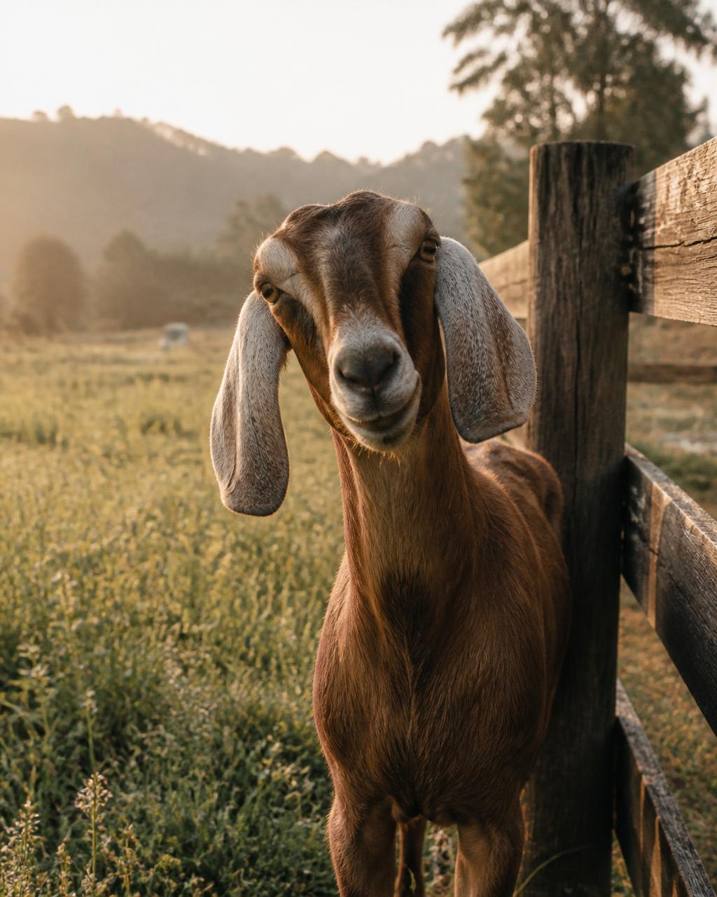 A friendly nubian goat standing beside a wooden pasture fence in morning light